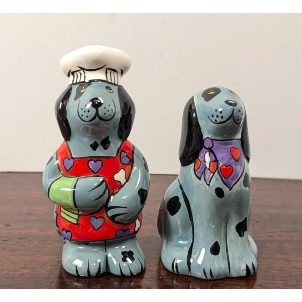 Dalmatian Chef Dog Salt and Pepper Shaker Set Blue Ceramic Novelty Kitchen Decor